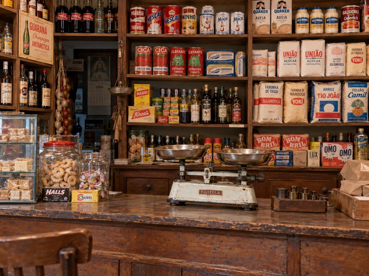 Balcão de uma mercearia antiga, com balança de pratos e prateleiras de madeira cheias de produtos